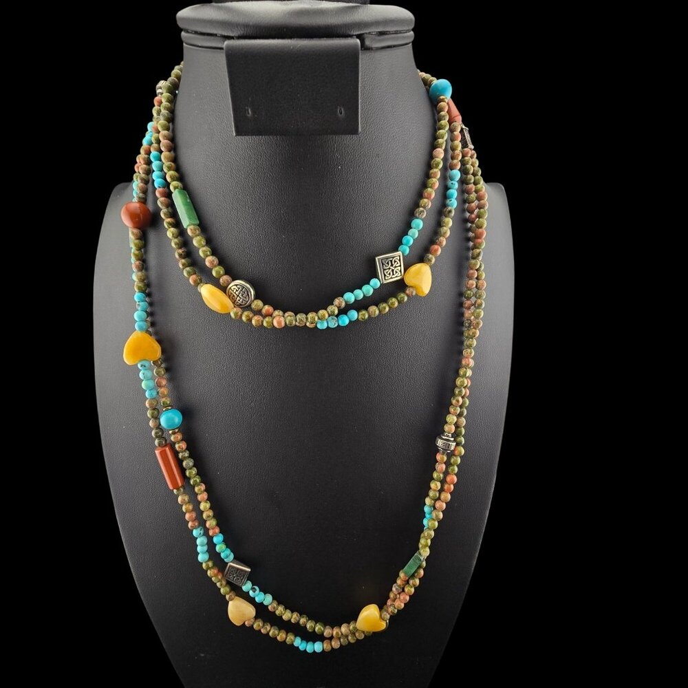 Multi-Strand Beaded Necklace With Heart Accents Easter Spring Boho - Picture 2 of 9